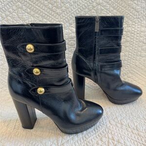 Michael Kors Black Leather Ankle Boots with Gold Accents